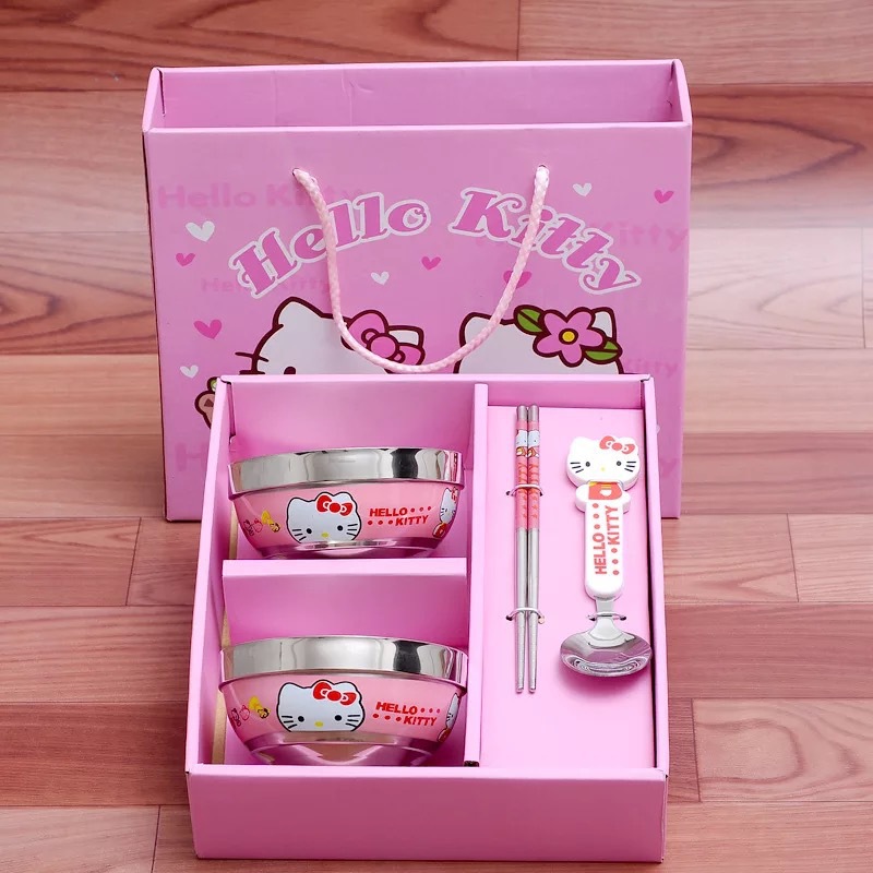 Bộ đồ ăn inox cao cấp Hello Kitty hộp giấy kèm túi Combo 4 món