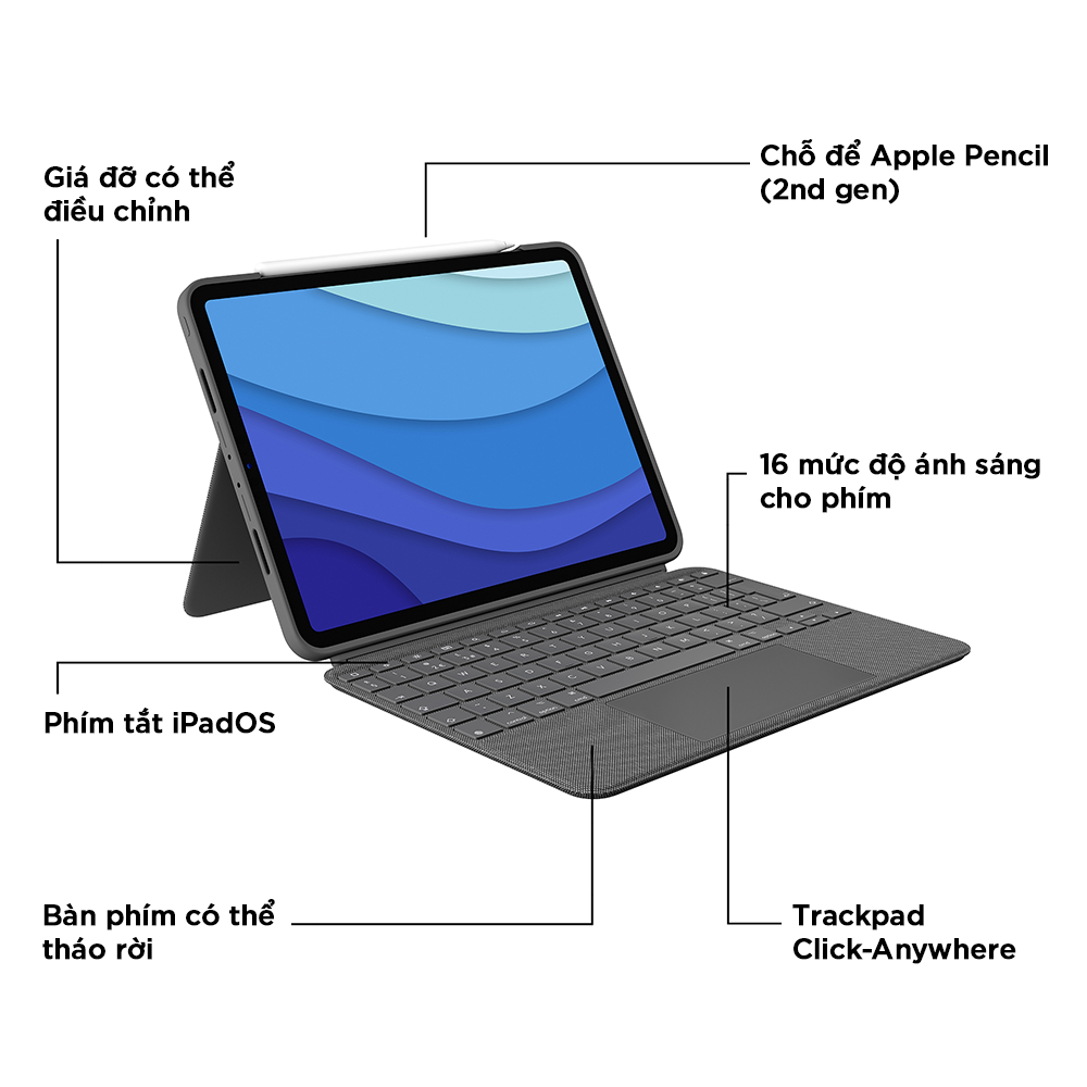 Bao da kèm bàn phím Logitech Combo Touch iPad Pro 11 inch gen 1, 2, 3 - Backlit keys có thể tháo rời, Trackpad siêu nhạy - Hàng chính hãng