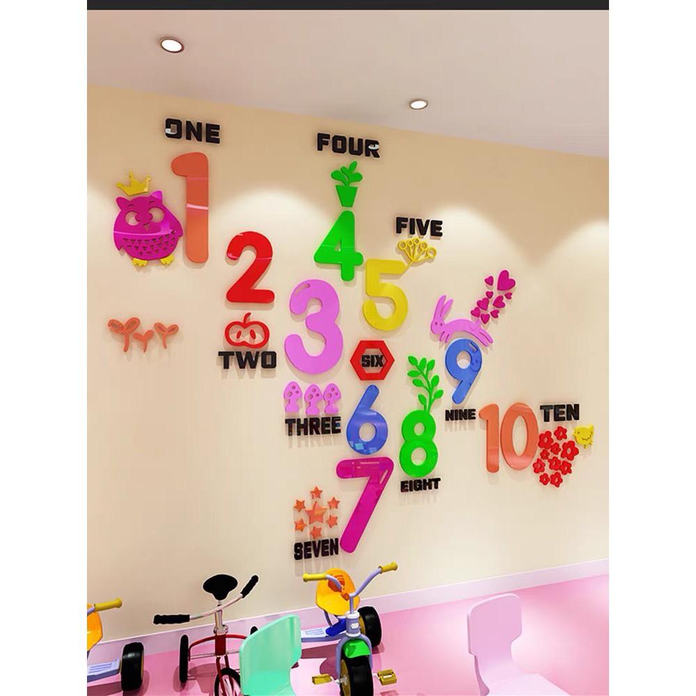 Decal dán tường mica 3D bảng số sắc màu cho bé học số, học tiếng anh, trang trí lớp học tiếng anh