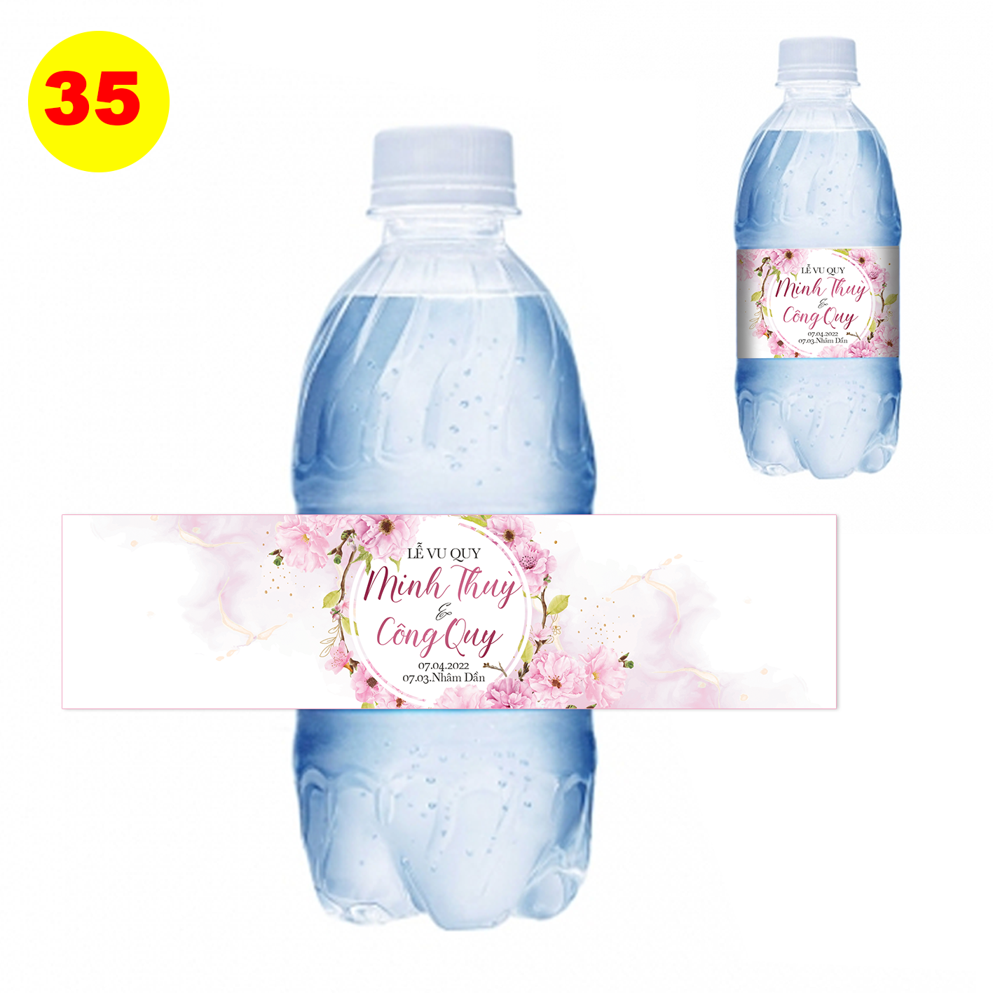Decal nhãn dán chai nước đám cưới - chai tròn MS 35