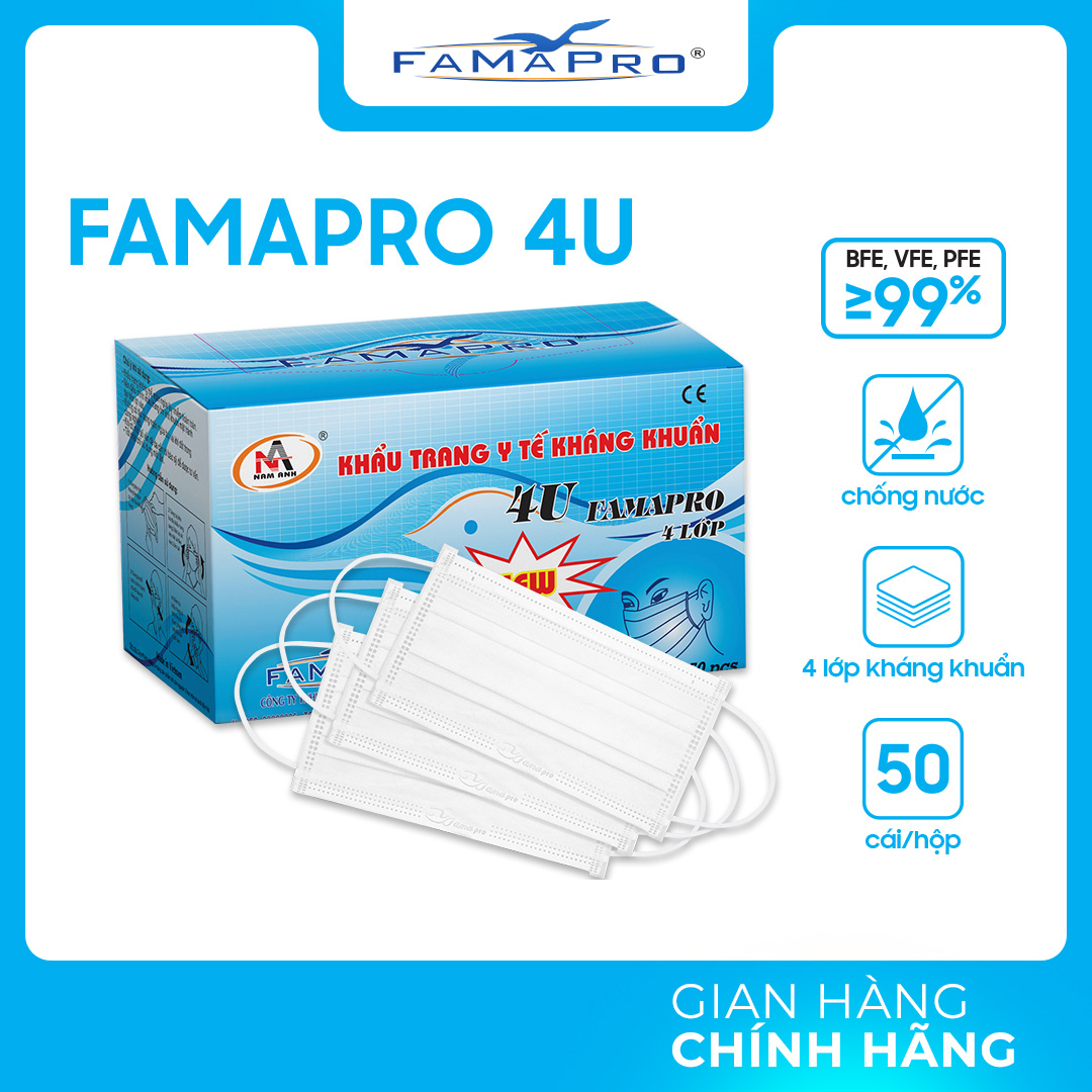 [HỘP - FAMAPRO 4U] - Khẩu trang y tế 4 lớp kháng khuẩn Famapro 4U (50 cái/ hộp )