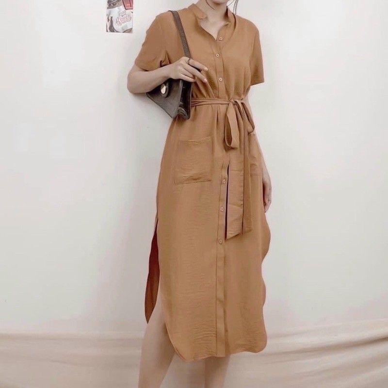 Đầm bầu sơ mi công sở tà bầu cột eo, Váy đầm form gọn cho mẹ mặc trước và sau sinh