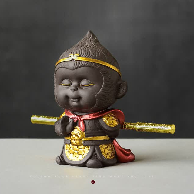 Tượng chibi Mỹ Hầu Vương baby cực dễ thương bằng gốm tử sa kèm gậy Như Ý