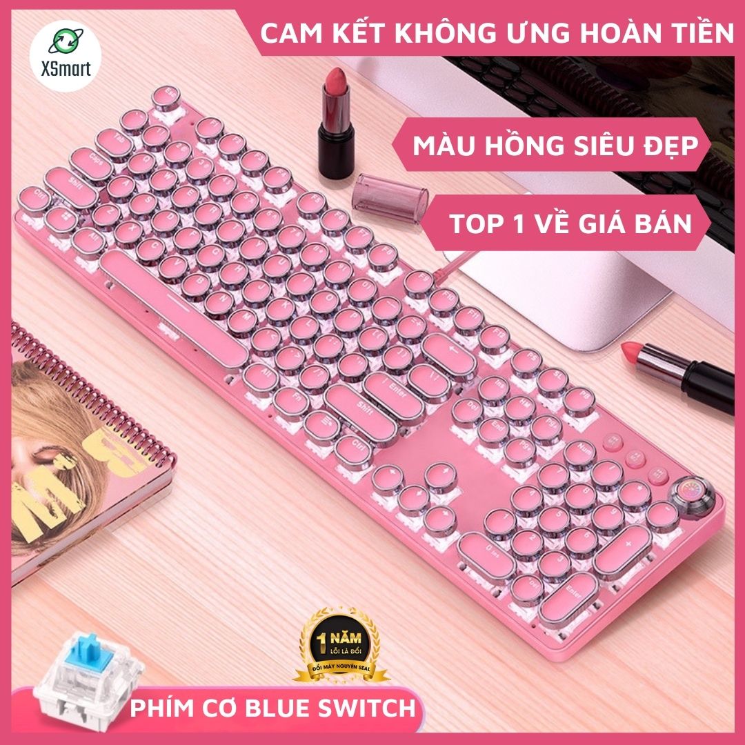 Bộ bàn phím CƠ viền CROM và Chuột XSmart màu Hồng led nhiều chế độ siêu đẹp T900 crom+V8 PINK tương thích máy tính laptop pc - Hàng Chính Hãng