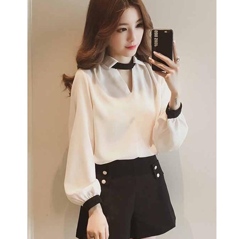 Áo sơ mi công sở nữ, áo sơ mi thết kế tay bồng cổ sơ mi thanh lịch, thời trang trẻ, hàng nhập Quảng Châu