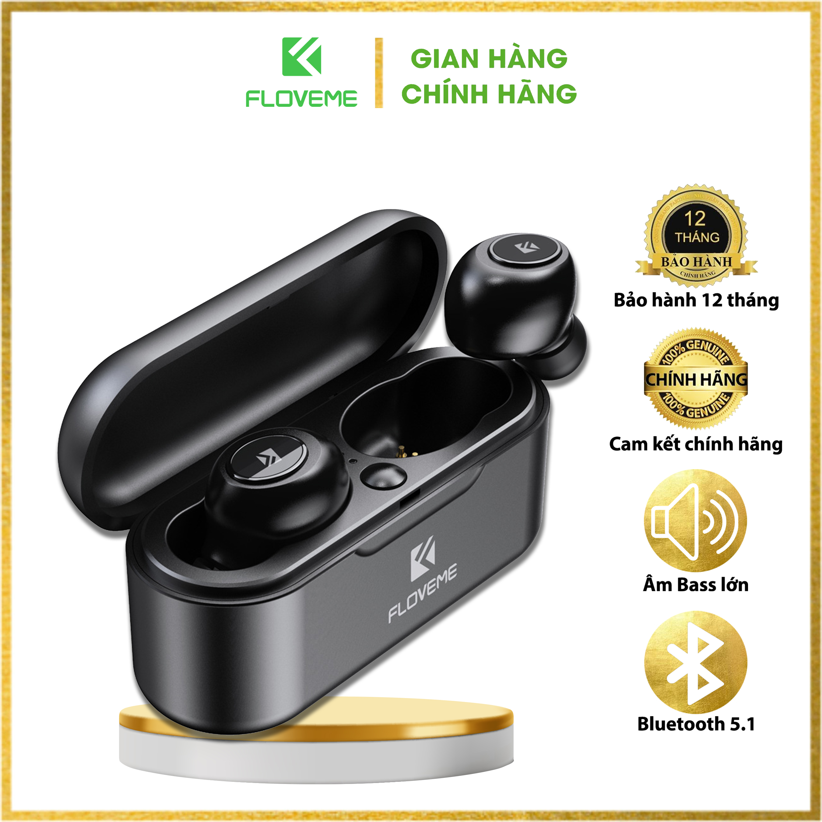 Tai nghe Bluetooth 5.0 TWS FLOVEME BT3 Bản Quốc tế - Có mic tích hợp, hỗ trợ đàm thoại - Công nghệ chống nước IPX4 - Hàng chính hãng