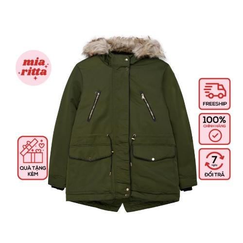 Áo parka Stradivarius lót chần bông mũ lông túi hộp Xanh rêu Mia RItta A2099