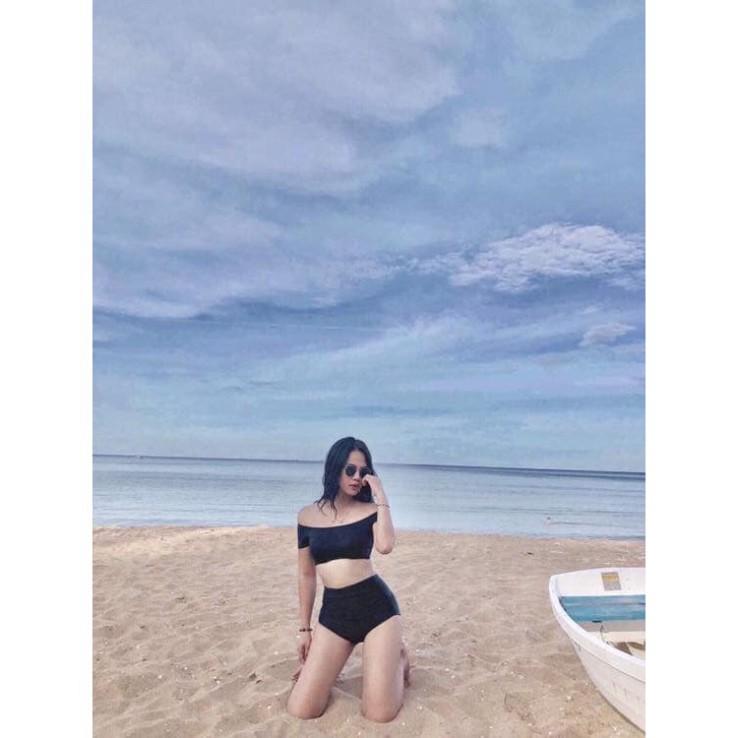 Bikini 2 mảnh đồ bơi áo trễ vai màu đen có ống tay nữ siêu đẹp ( Ảnh chụp từ khách)