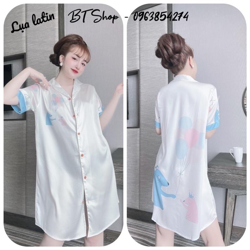 Váy ngủ mặc nhà lụa latin sơ mi hoạ tiết freesize 42-57kg