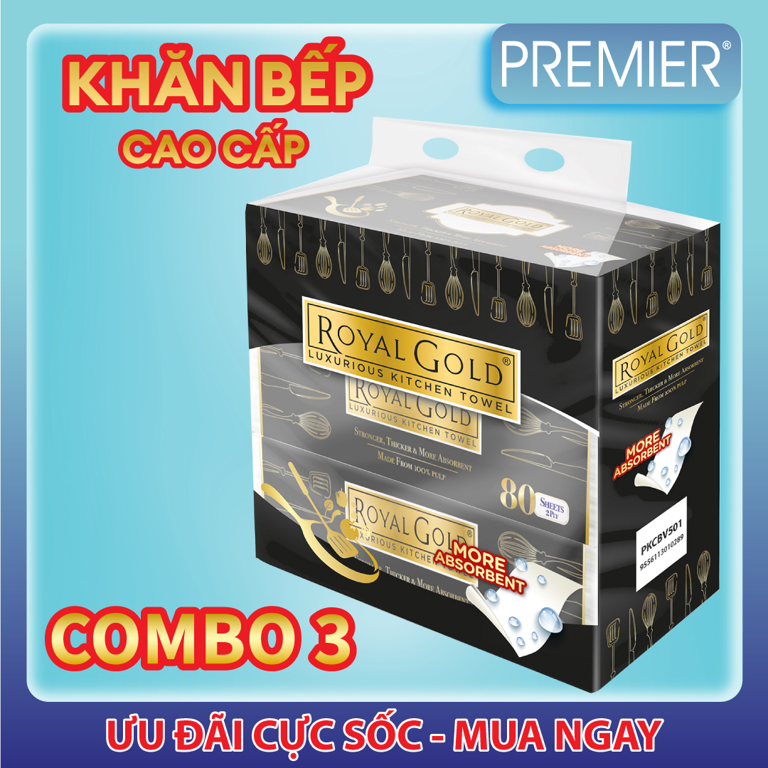 Khăn bếp đa năng Royal Gold 80 tờ -  combo 3 gói (Khăn giấy rút đa năng)