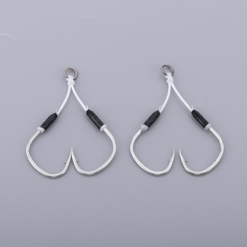 2 Pieces Carbon Steel Fishing Jig Hooks Barbed Assist Hooks with PE Line A