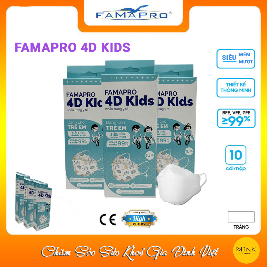 [CHÍNH HÃNG] Khẩu Trang Y Tế 3 Lớp Famapro 4D Kids/Dành Cho Trẻ Em Từ 4-10 Tuổi/Kháng Khuẩn 99%/Hộp 10 Cái