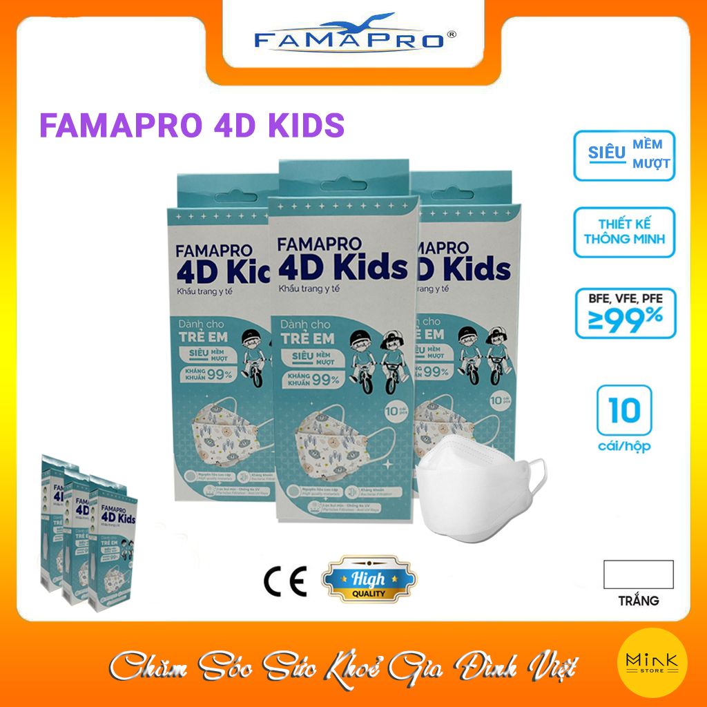 Khẩu Trang Y Tế 3 Lớp Famapro 4D Kids/Dành Cho Trẻ Em Từ 4-10 Tuổi/Kháng Khuẩn 99%/Hộp 10 Cái