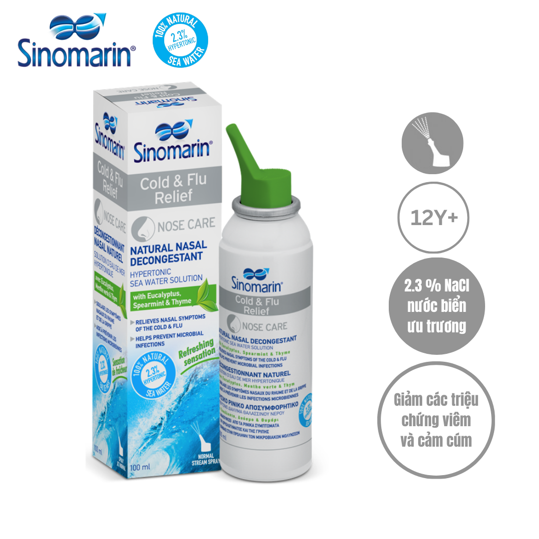 Xịt mũi, nước biển SINOMARIN Cold &amp; Flu Relief 100ml màu xám, vệ sinh mũi giảm triệu chứng cảm lạnh