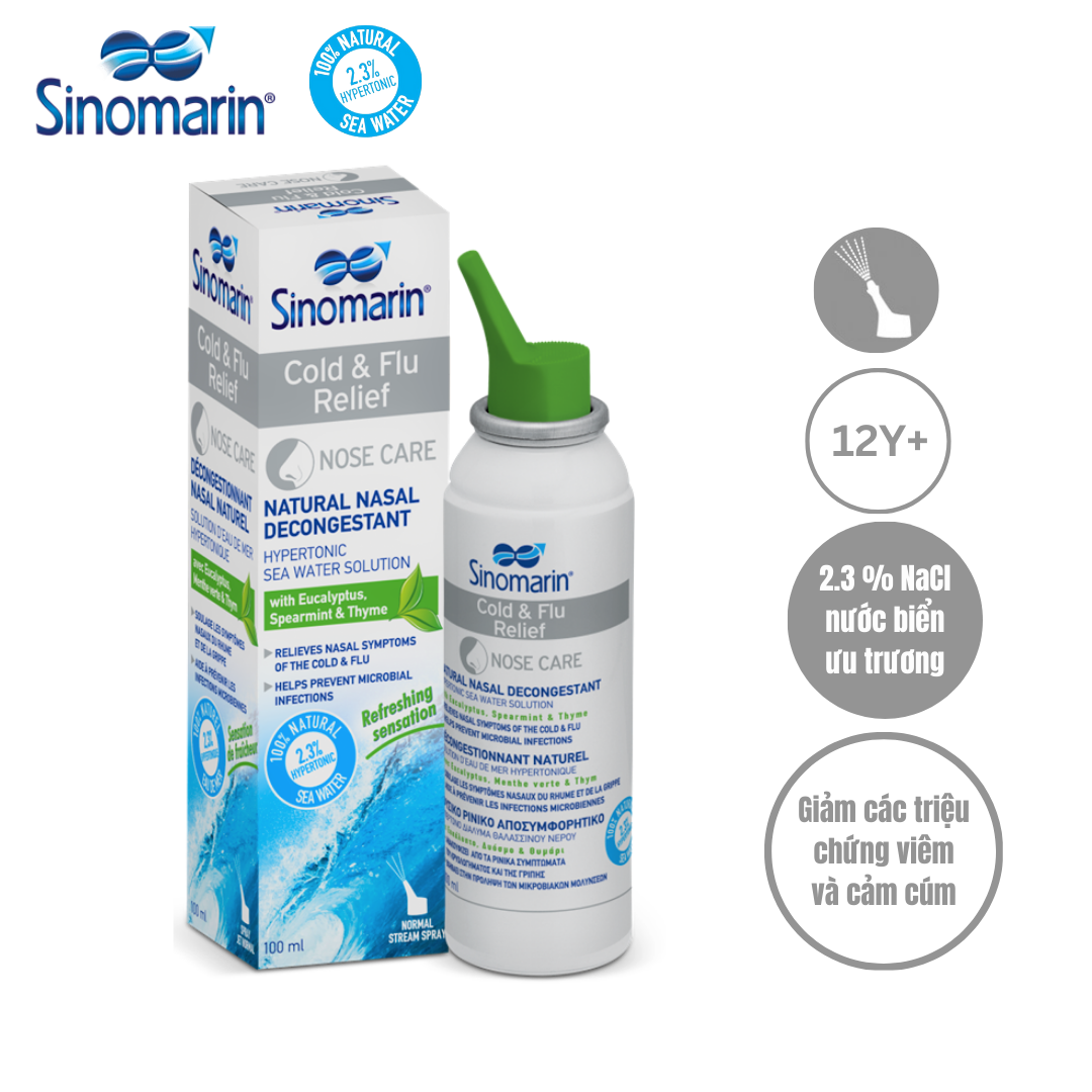 Xịt mũi, nước biển SINOMARIN Cold & Flu Relief 100ml màu xám, vệ sinh mũi giảm triệu chứng cảm lạnh