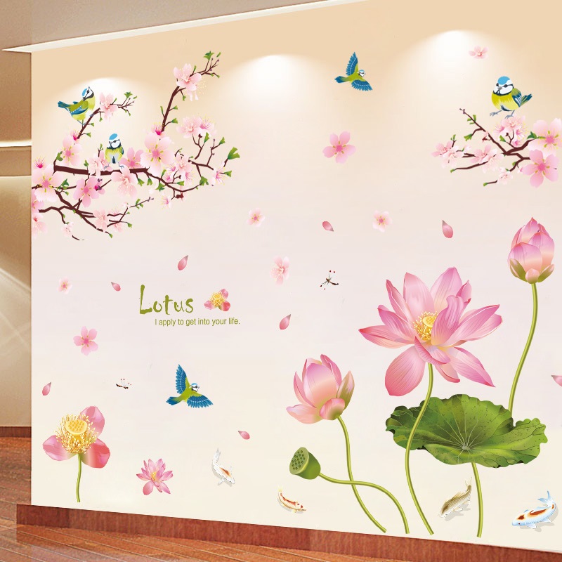 Decal dán tường hoa đào và sen combo trang trí tết sang  trọng dán được trên kính/gỗ