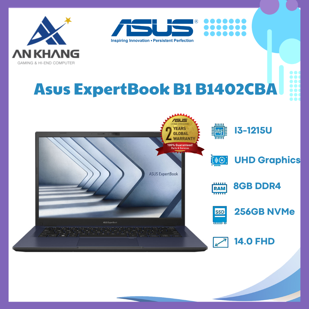 Laptop Asus ExpertBook B1402CBA-EK0725W (I3-1215U/ 8GB DDR4/ 256GB PCIE/ INTEL UHD/ 14INCH FHD/ WIN11 HOME/ BLACK/ 1Y ON-SITE )  - Hàng Chính Hãng - Bảo Hành 12 Tháng