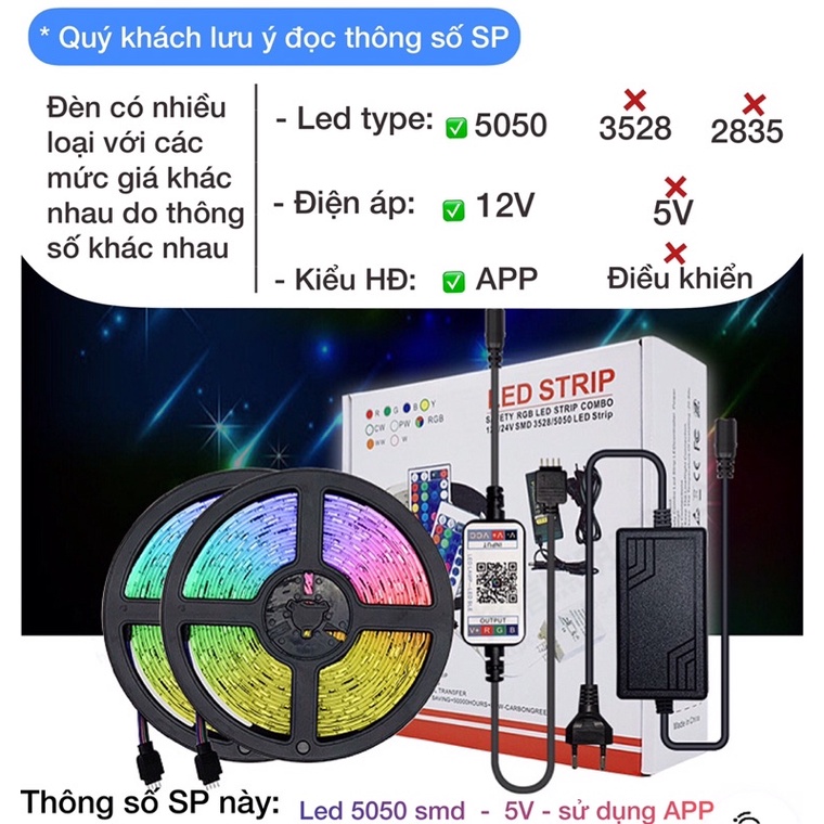 Cuộn dây đèn Led 5050 RGB 16 triệu màu điều khiển qua APP, nhấp nháy theo nhạc quẩy Tiktok