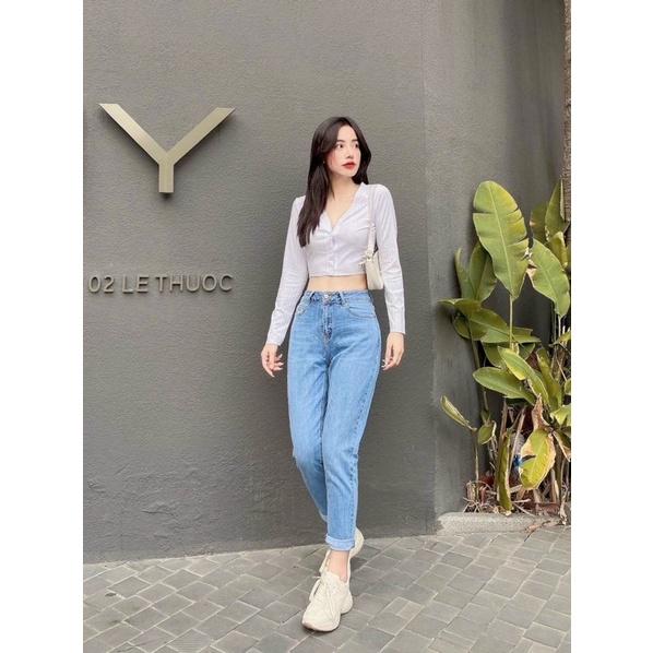 Quần Jean Nữ Baggy Trơn lưng cao chất jean dày dặn co giãn phom 9 tấc sành điệu