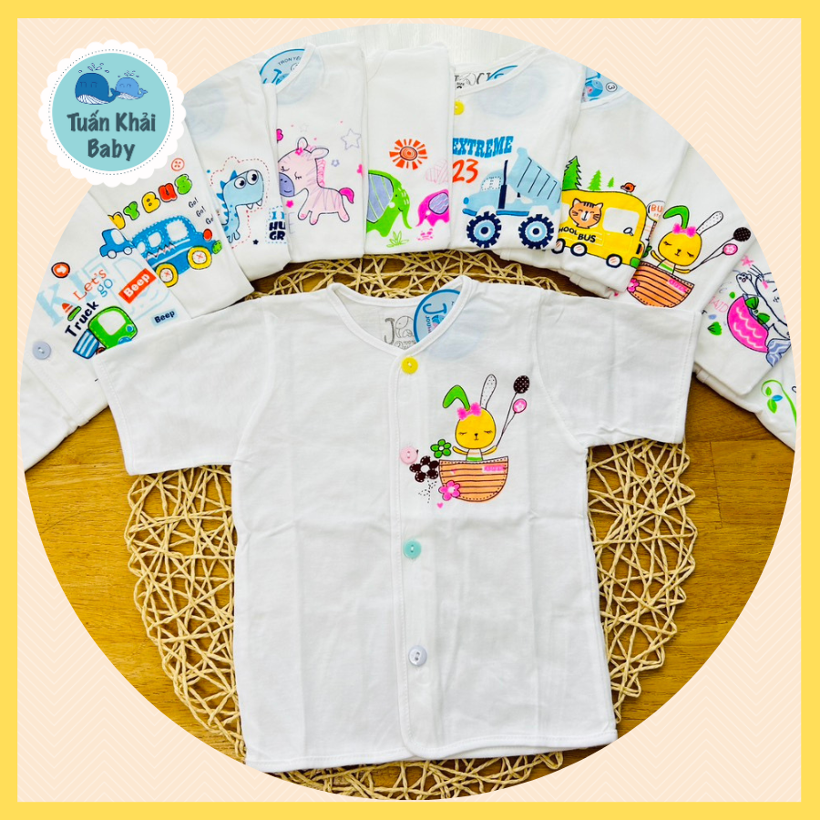 Set 5 áo sơ sinh cotton Tay Ngắn cài nút Giữa Trắng J-Tomtom Baby cho bé trai, bé gái