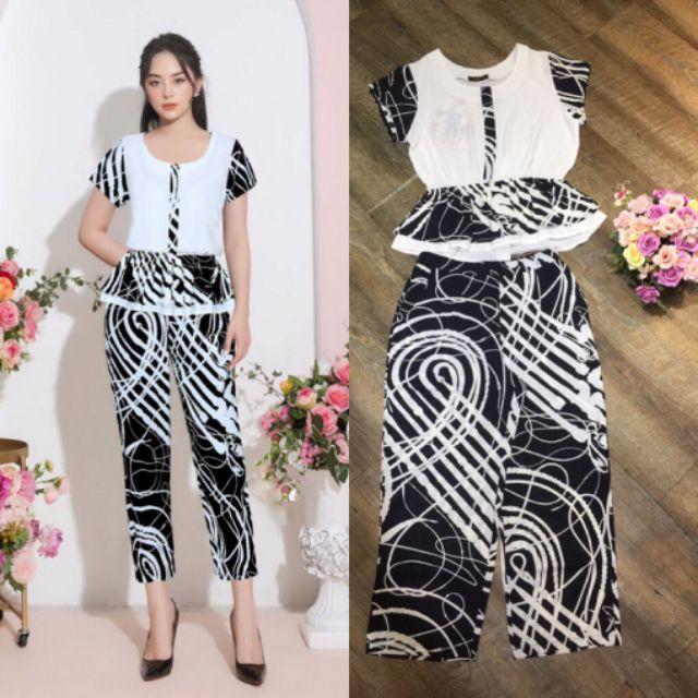 Set nguyên bộ quần lửng áo peplum phối họa tiết xinh