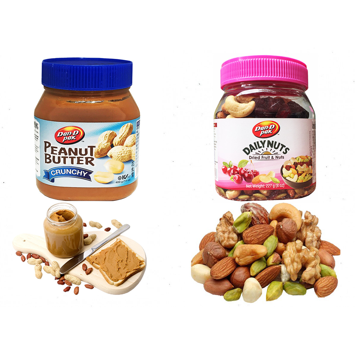 COMBO 2 HỘP BƠ ĐẬU PHỘNG VÀ HẠT DINH DƯỠNG+TRÁI CÂY SẤY HỖN HỢP 227G DAN.D.PAK CAO CẤP,KHÔNG CHẤT BẢO QUẢN,HỖ TRỢ ĂN KIÊNG,GIẢM CÂN