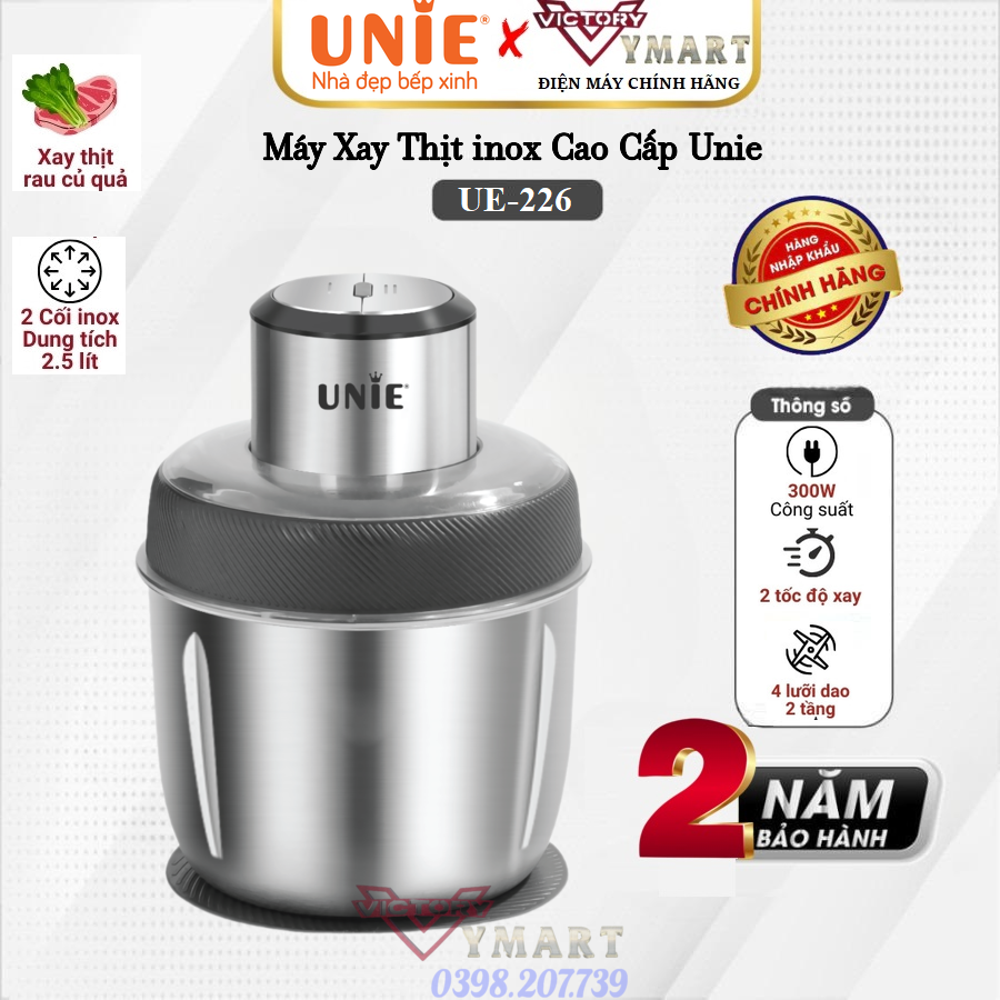 Máy Xay Thịt Cao Cấp Unie UE-226  , 2 Cối Inox, Có Lưỡi Bóc Hành Tỏi, Hàng Chính Hãng