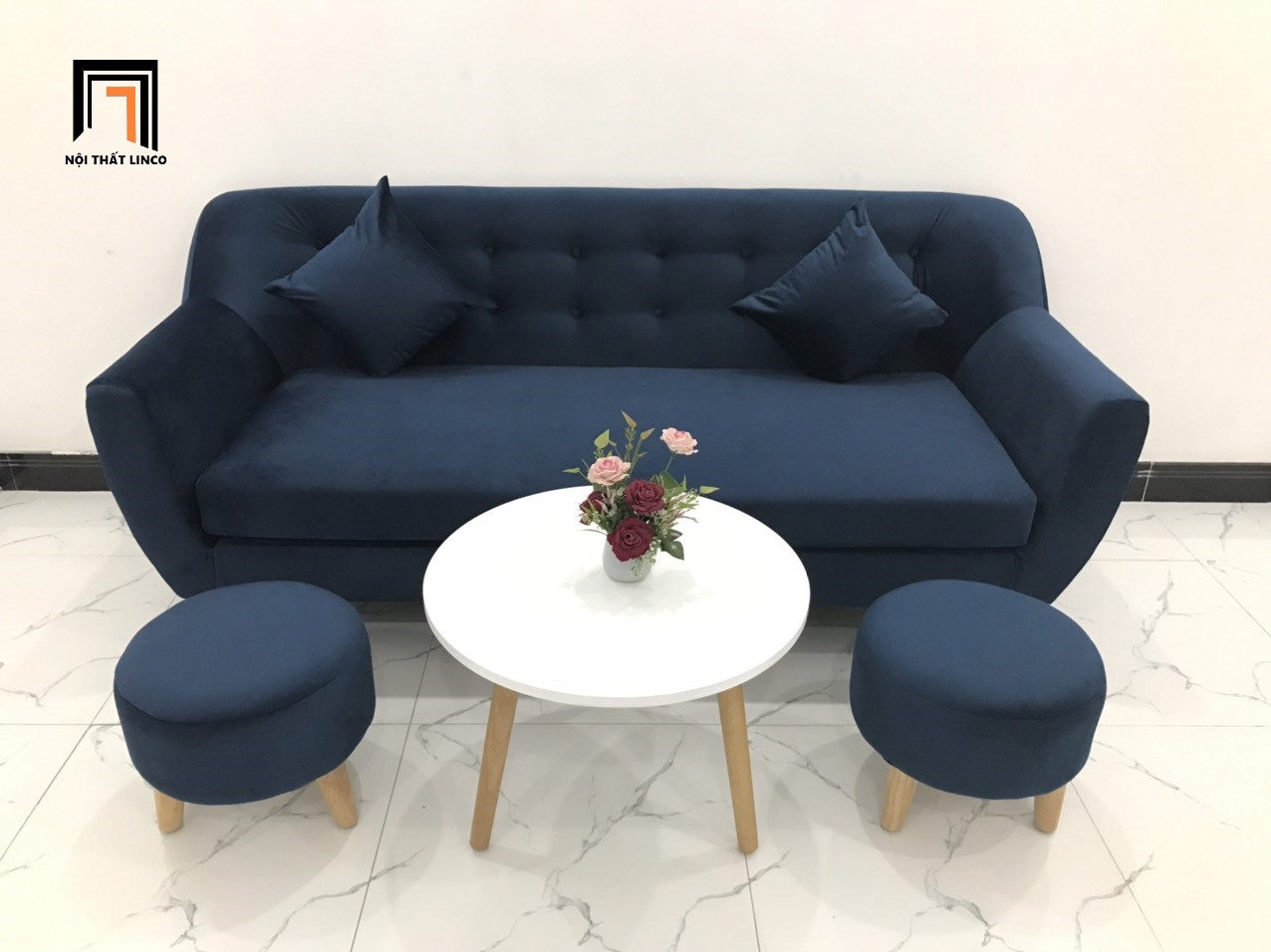 Bộ ghế sofa băng NL xanh dương đậm vải nhung nhiều kích cỡ