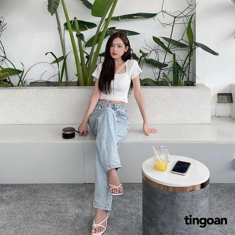 Áo len crop ngắn tay chéo dây đen tingoan MISSIN' U TOP/BL