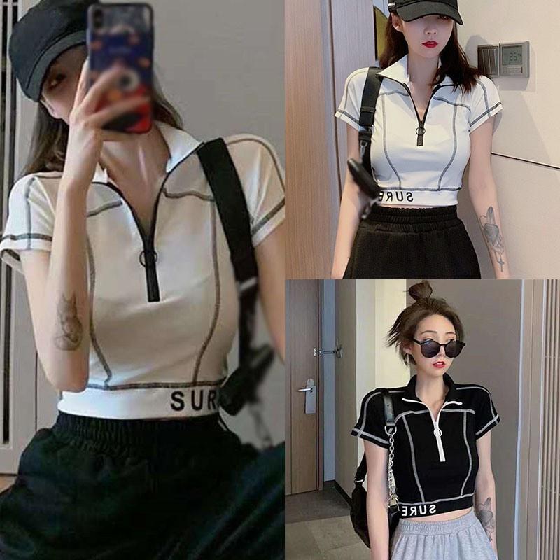 Áo Thun Dệt Kim Tay Ngắn Phối Khóa Kéo Cá Tính Dành Cho Nữ