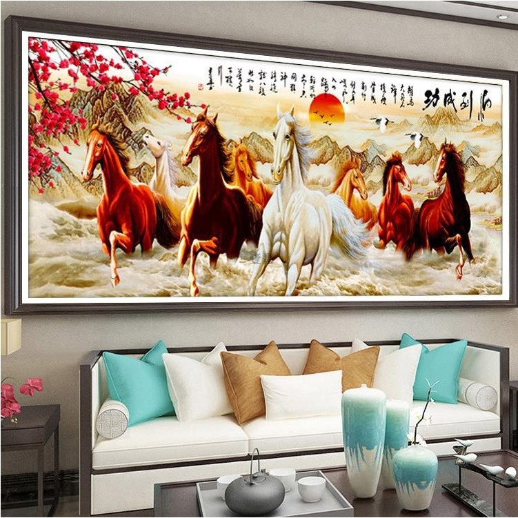Tranh thêu chữ thập thêu kín Mã đáo thành công 150x65cm - chưa thêu