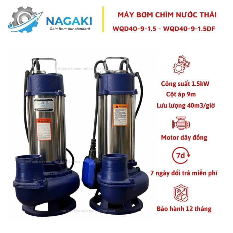 Máy bơm chìm nước thải 1.5Kw (2HP) Thân INOX 304 NAGAKI - Bảo hành 1 năm, Máy bơm nước chìm, Máy Bơm tõm