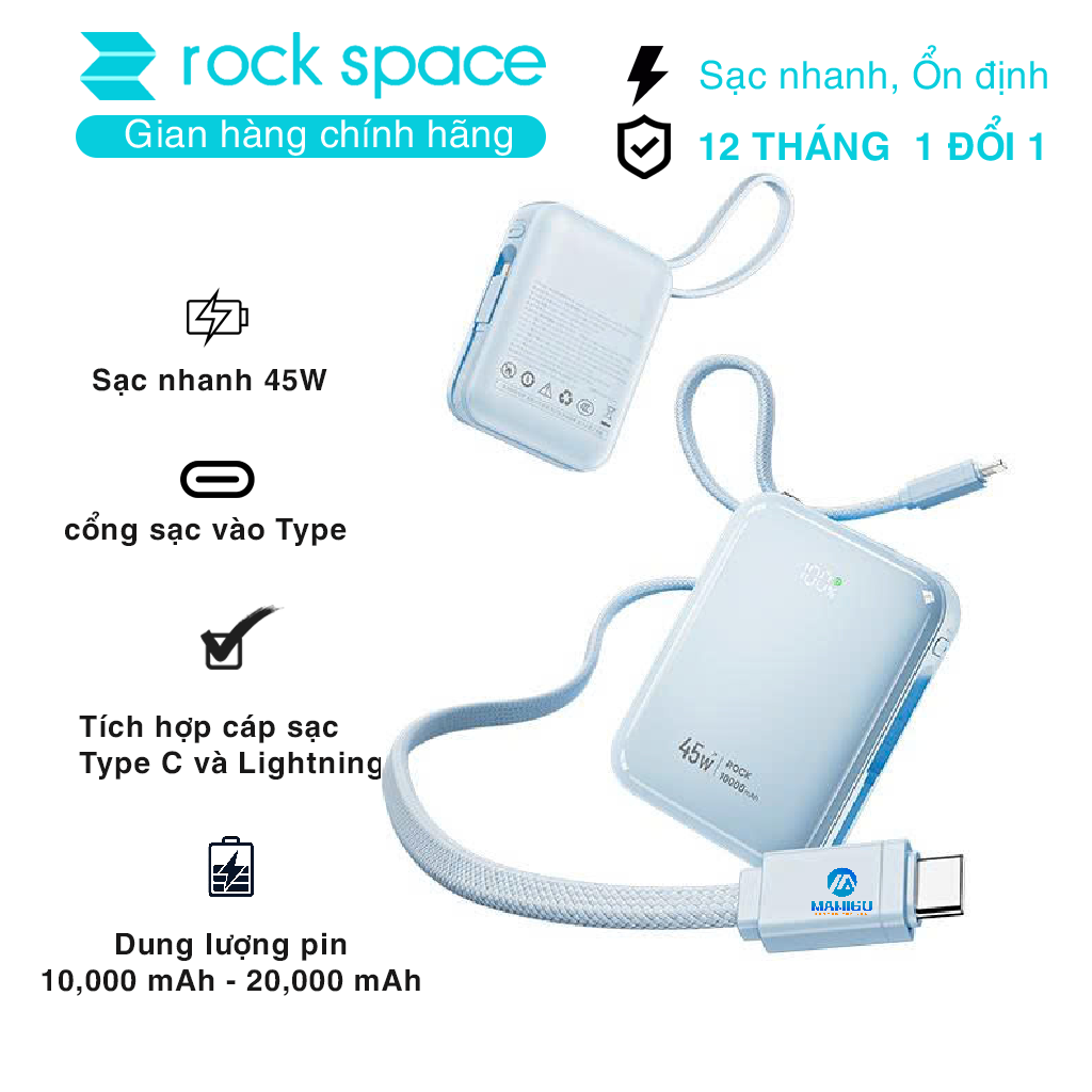 Pin sạc dự phòng ROCKSPACE C03 sạc nhanh 45W kèm dây sạc, dung lượng 20000mAh - hàng chính hãng có bảo hành