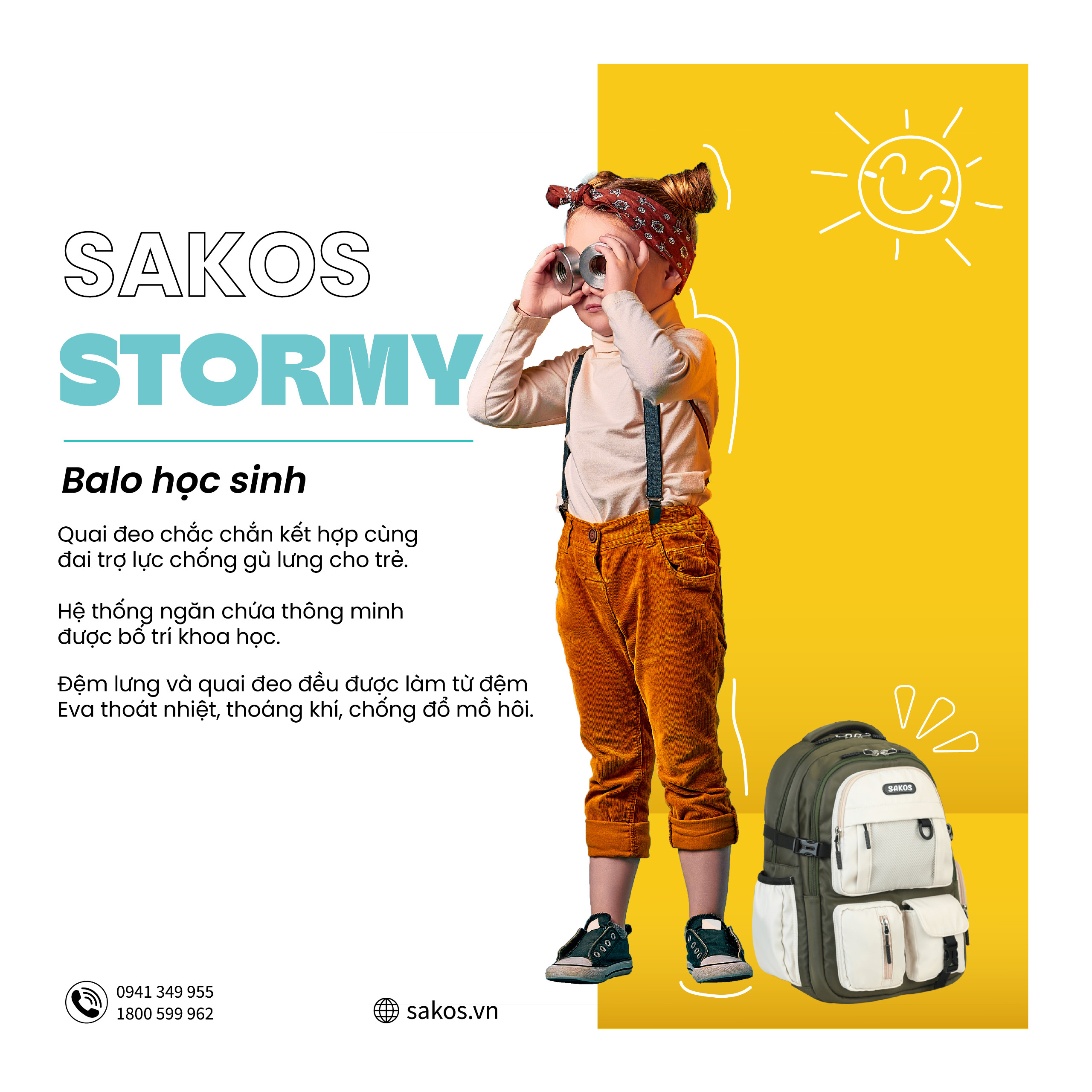 Balo Học Sinh Thời Trang SAKOS STORMY - Hoạ Tiết Đơn Giản, Siêu Nhẹ