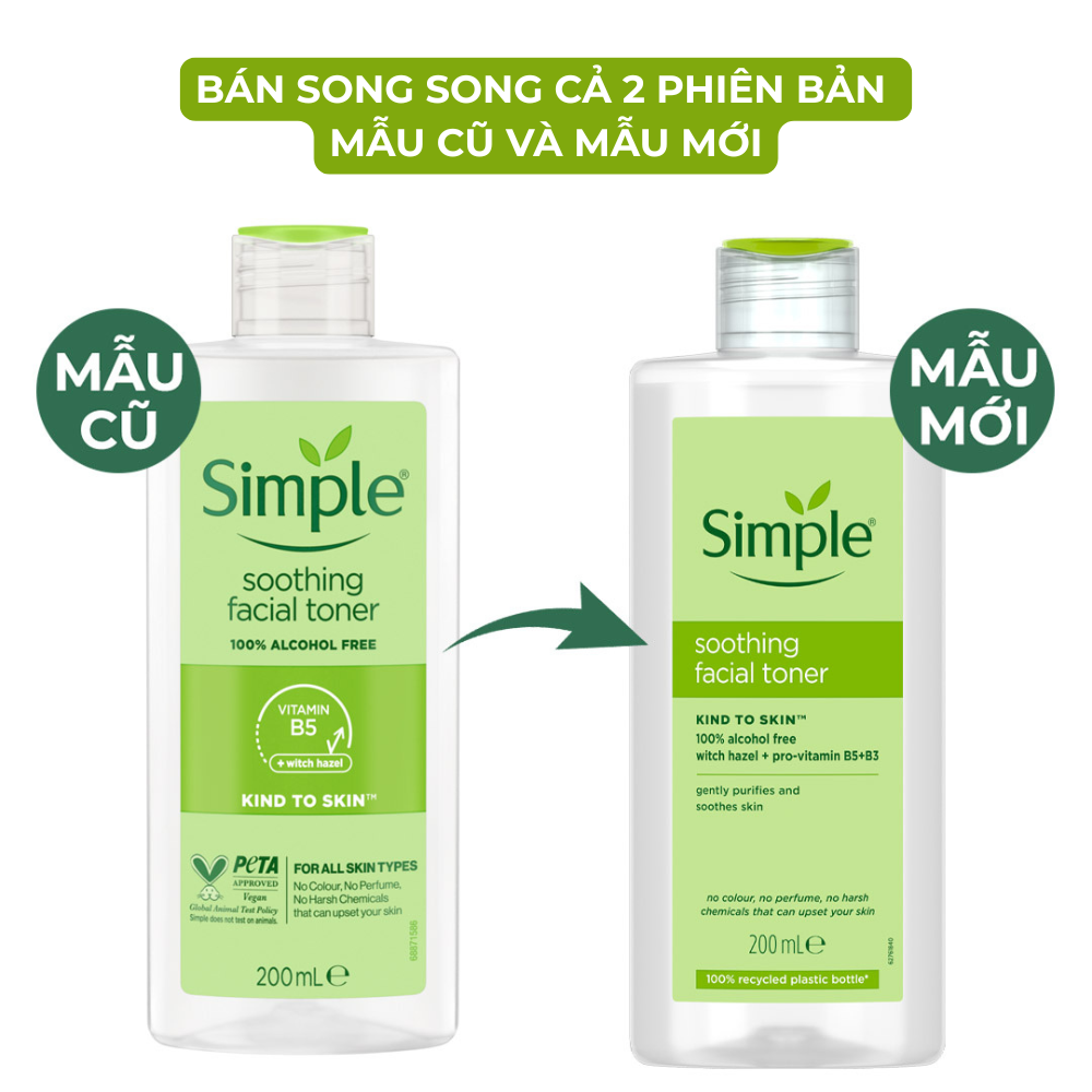 Nước hoa hồng Simple Toner làm dịu và cân bằng độ ẩm cho da - lành tính không chứa cồn 200ml [Chính hãng độc quyền]