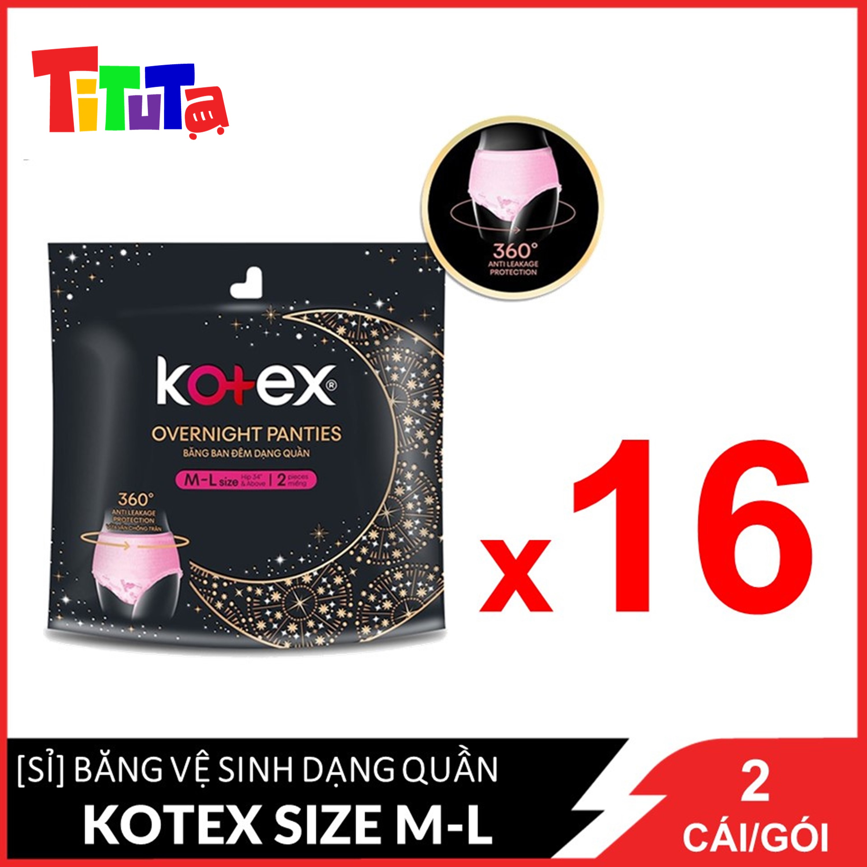 Nguyên thùng Băng vệ sinh Kotex Đêm dạng quần vừa vặn chống tràn 360 size ML (2 miếng/gói)X16