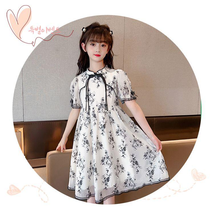CHENGRUI Cô gái ăn mặc Midboy mùa hè 2023 mực vẽ sườn xám váy cô gái phong cách phương Tây cổ trang công chúa váy