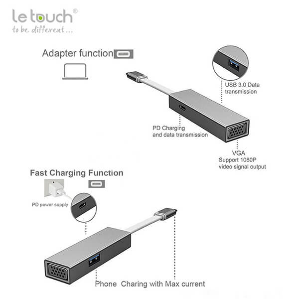 USB Le Touch 3.0 Type-C VGA Hub 3in1 - Hàng chính hãng