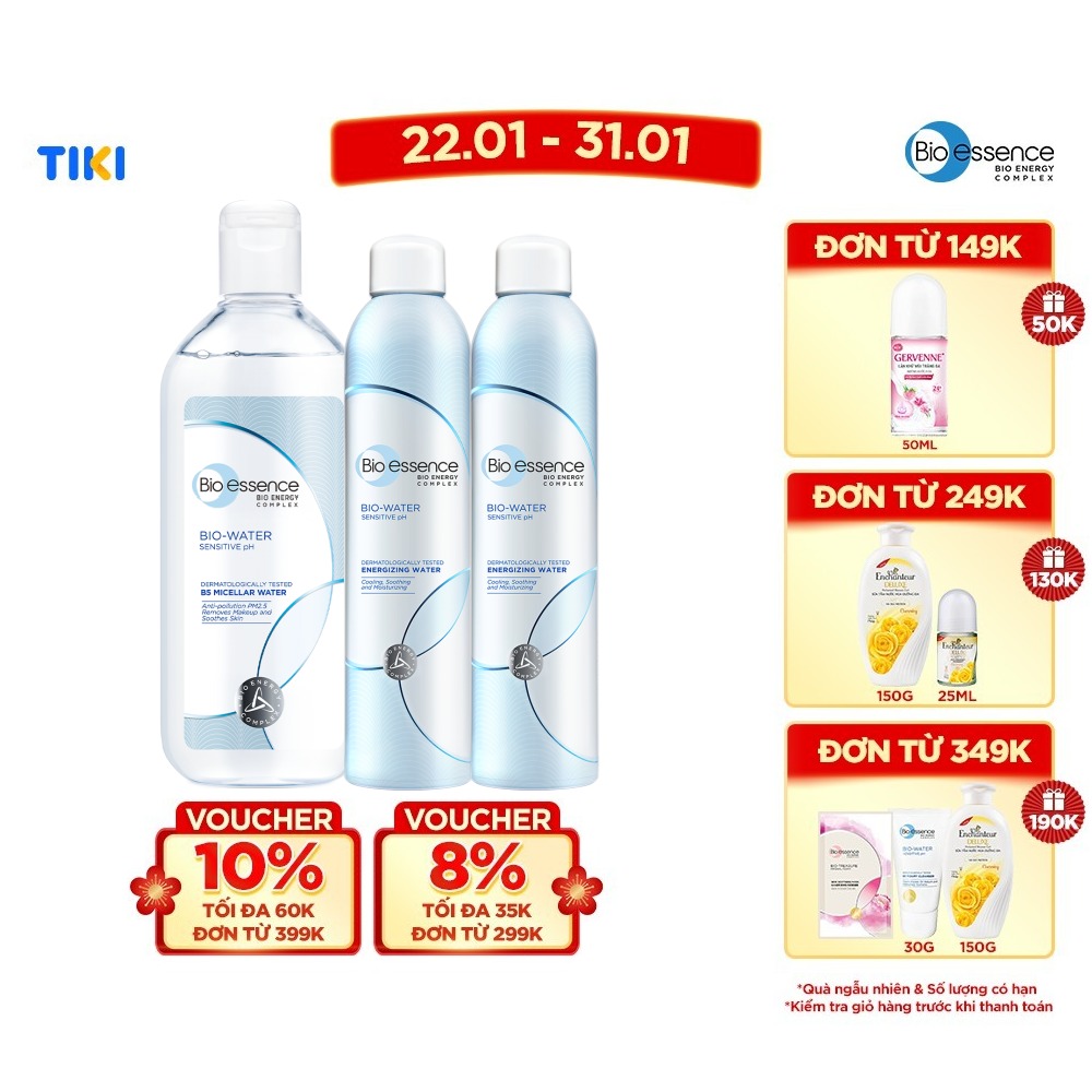 Bộ chăm sóc da Bio-Essence (Nước tẩy trang ẩm mượt Bio-Water Micellar Water 400ml + 2 Nước khoáng Bio-Water Energizing Water 30ml)