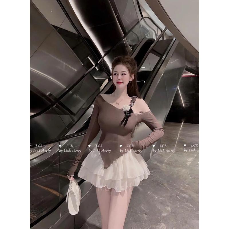sét vây xoè tầng áo vạt xéo lệch vai nở hit hot BY JOLIE - Hồng, Hồng