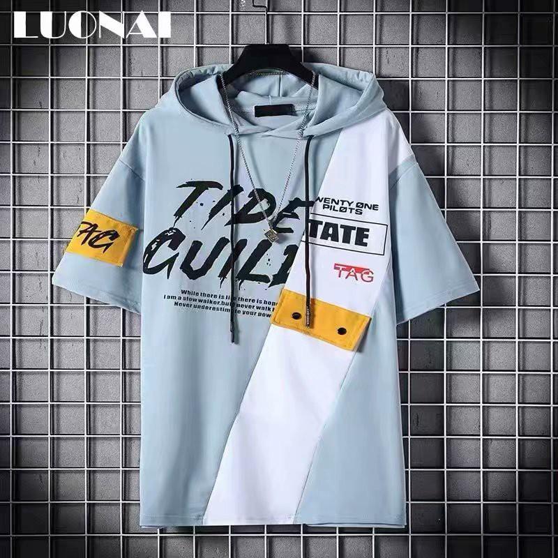 Spot real shot new summer European and American style men's urban fashion cool wild loose comfortable oblique pockets color matching design casual short sleeve hoodie