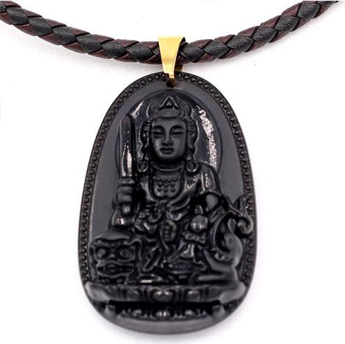 Hình ảnh Vòng cổ dây da Văn Thù Bồ Tát thạch anh đen 5cm - Phật bản mệnh tuổi Mão