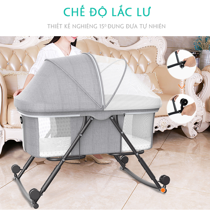 Nôi cho bé sơ sinh KAWAII HOME, Nôi em bé gấp gọn, di chuyển dễ dàng - Bảo hành 12 tháng (TẶNG: Nệm + Màn)