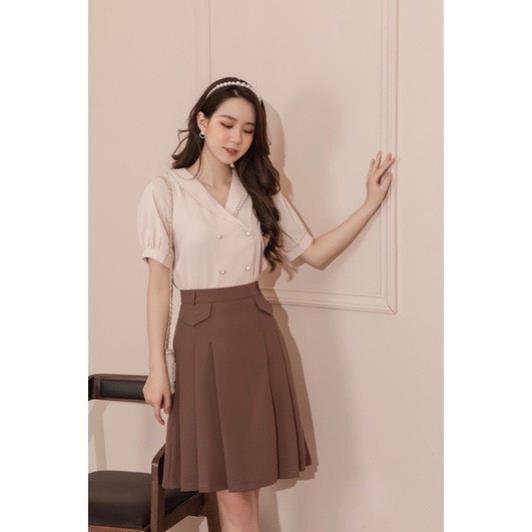 Chân váy xòe midi túi nắp màu đen nâu thời trang Banamo Fashion 5322