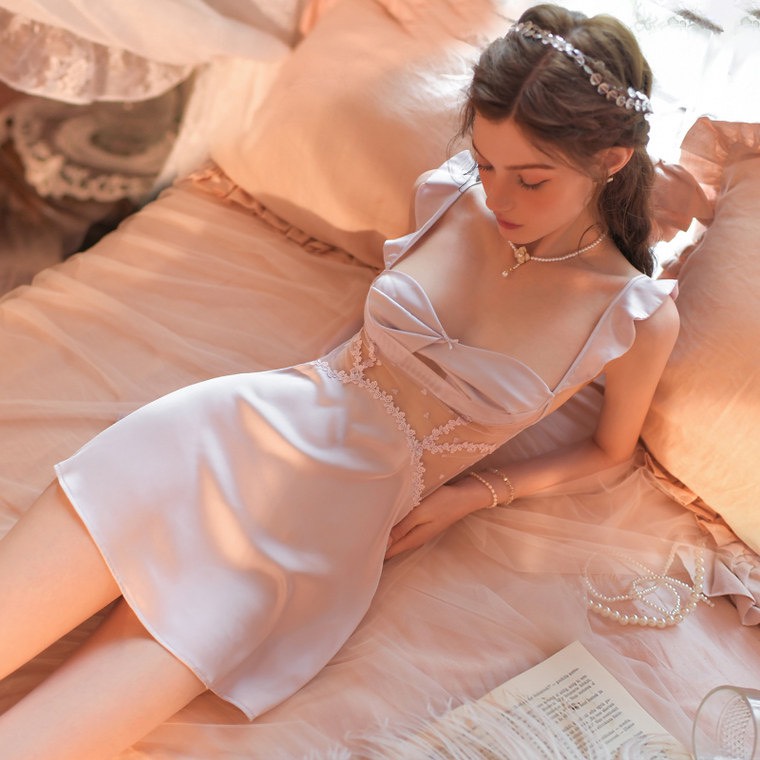 Váy Ngủ Lụa Nữ Tính Phối Ren (Không kèm áo choàng) - B.Lingerie