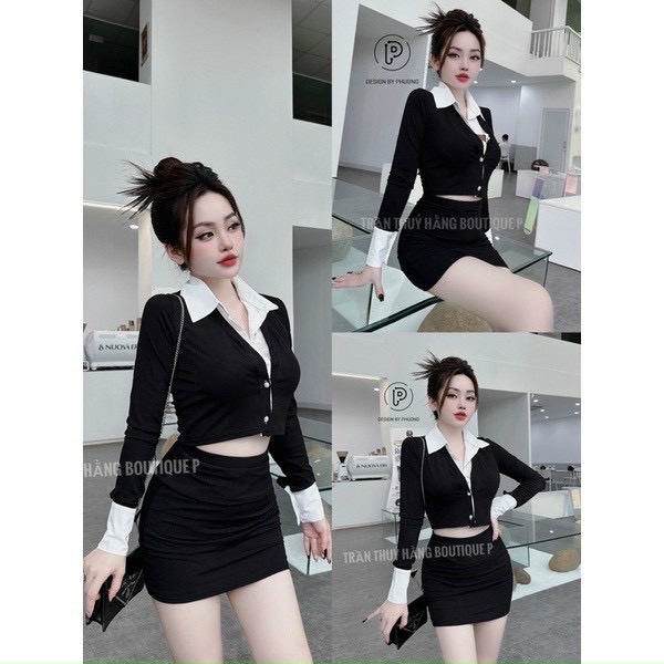 Áo sơ mi phối cổ mix chân váy