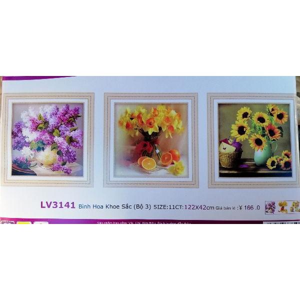 Tranh thêu chữ thập Bộ 3 Bình Hoa kt 122x42cm