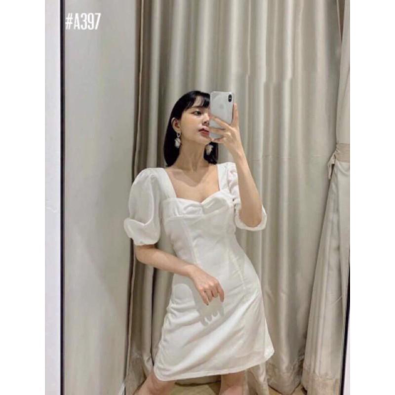 Đầm trắng cổ vuông khoét lưng có size