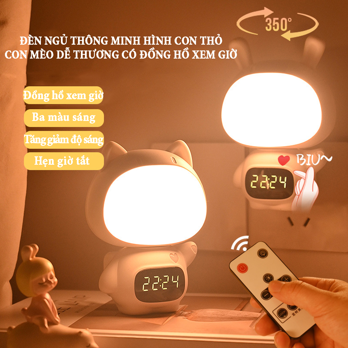 Đèn ngủ thông minh hình con thỏ dễ thương có đồng hồ xem giờ ánh sáng 3 màu, tăng giảm điều chỉnh độ sáng pin sạc 300mA