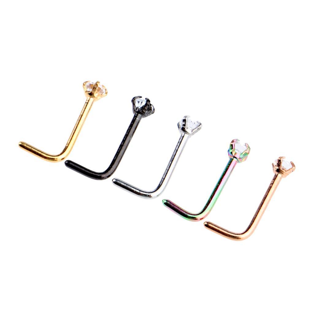2-7pack 5 Pieces Stainless Steel L Shaped Nose Stud Rings Bar Body Piercing 20g